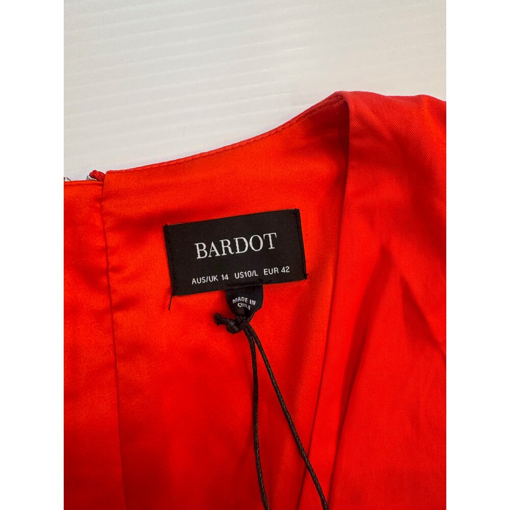Bardot The Amie Red Ruched Mini Dress Puff Sleeve Ruffle Hem NWT L 10 Cotton - Picture 14 of 16